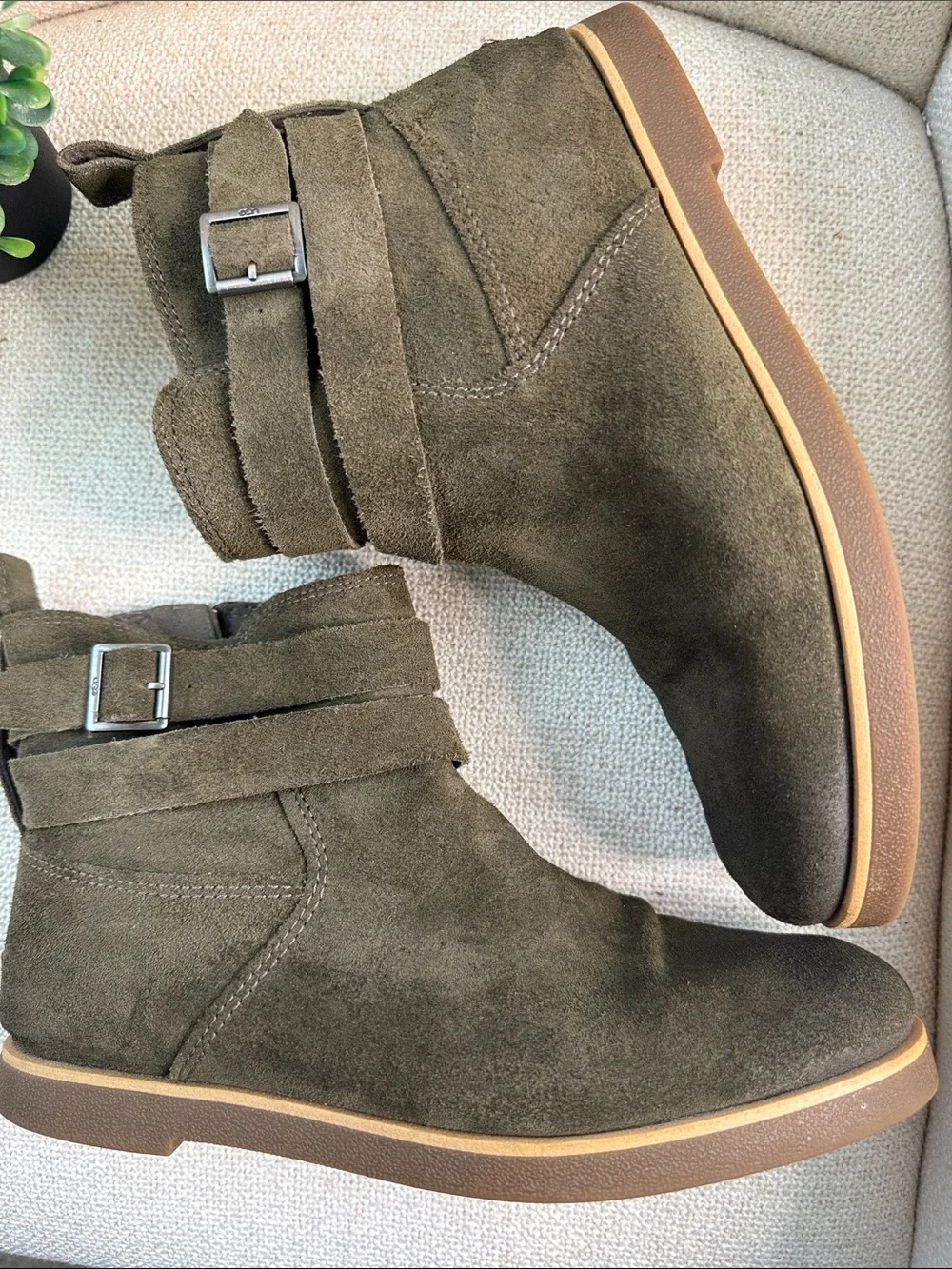 UGG Olive Green Suede Ankle Booties with Buckle Strap women’s 9.5